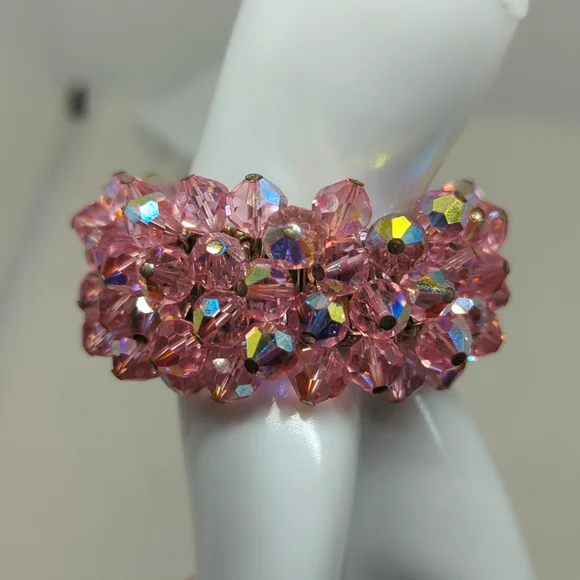 Vintage Pink Aurora Borealis Crystal Stretch Bracelet - Picture 6 of 12